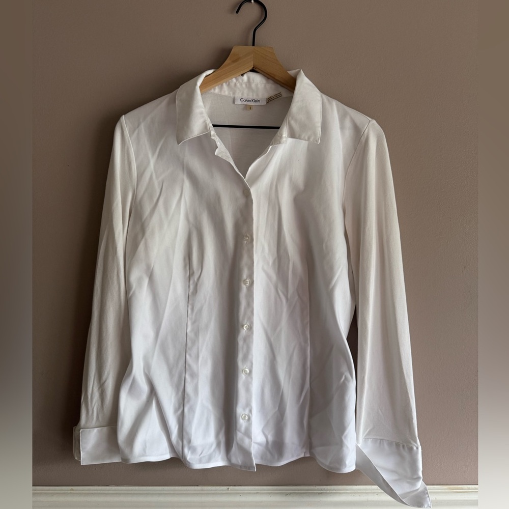 Calvin Klein White Dress Shirt Button Cotton Spandex Cuffs Collared Womens Large